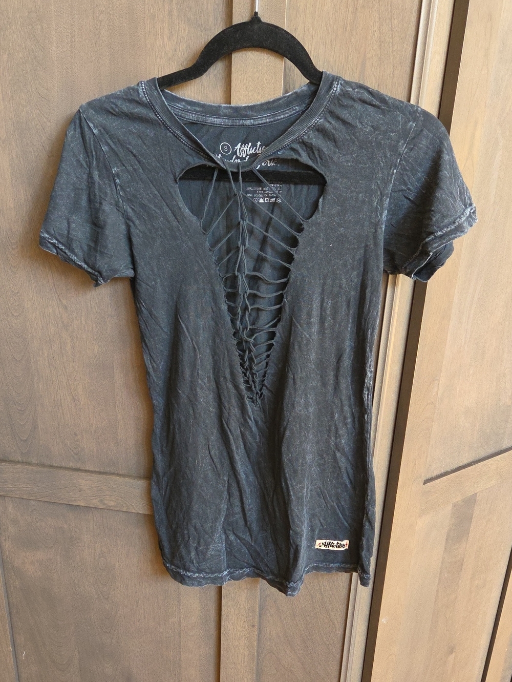Affliction Black Distressed Laced-Front Short Sleeve Tee